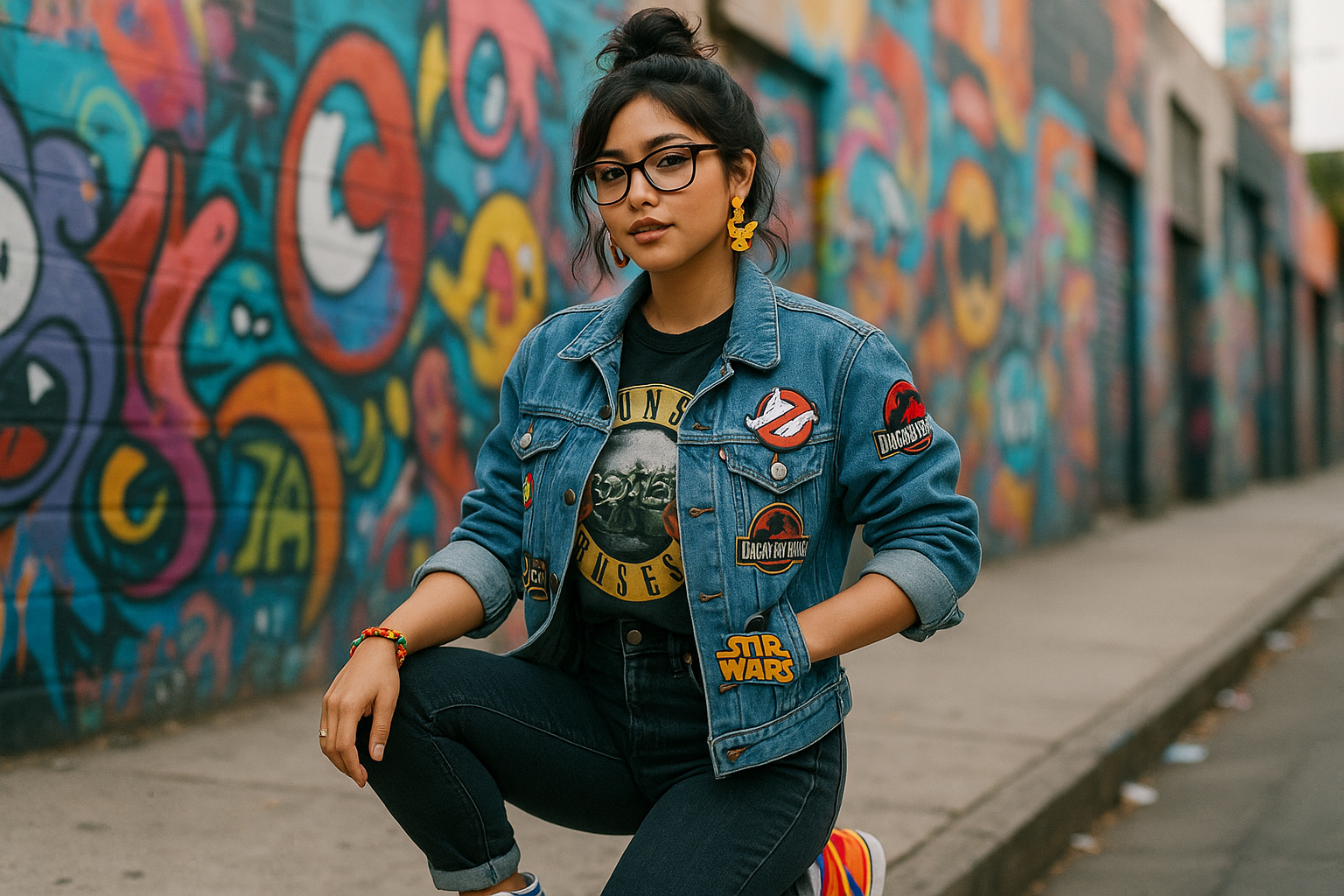 woman wearing pop culture clothes